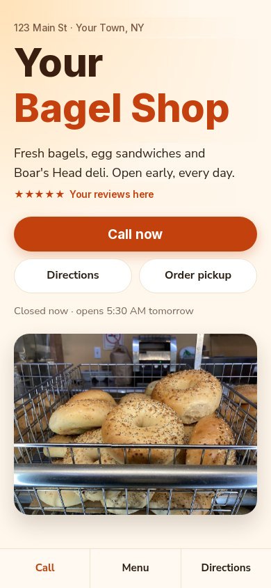 Concept sample of a bagel shop website on a phone: warm bright theme, call button, directions and pickup ordering, photo of fresh bagels. Shop name and address are placeholders.